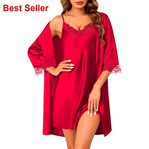 Satin Robe Set with Lace Cami Nightgown 2-Piece Sleepwear